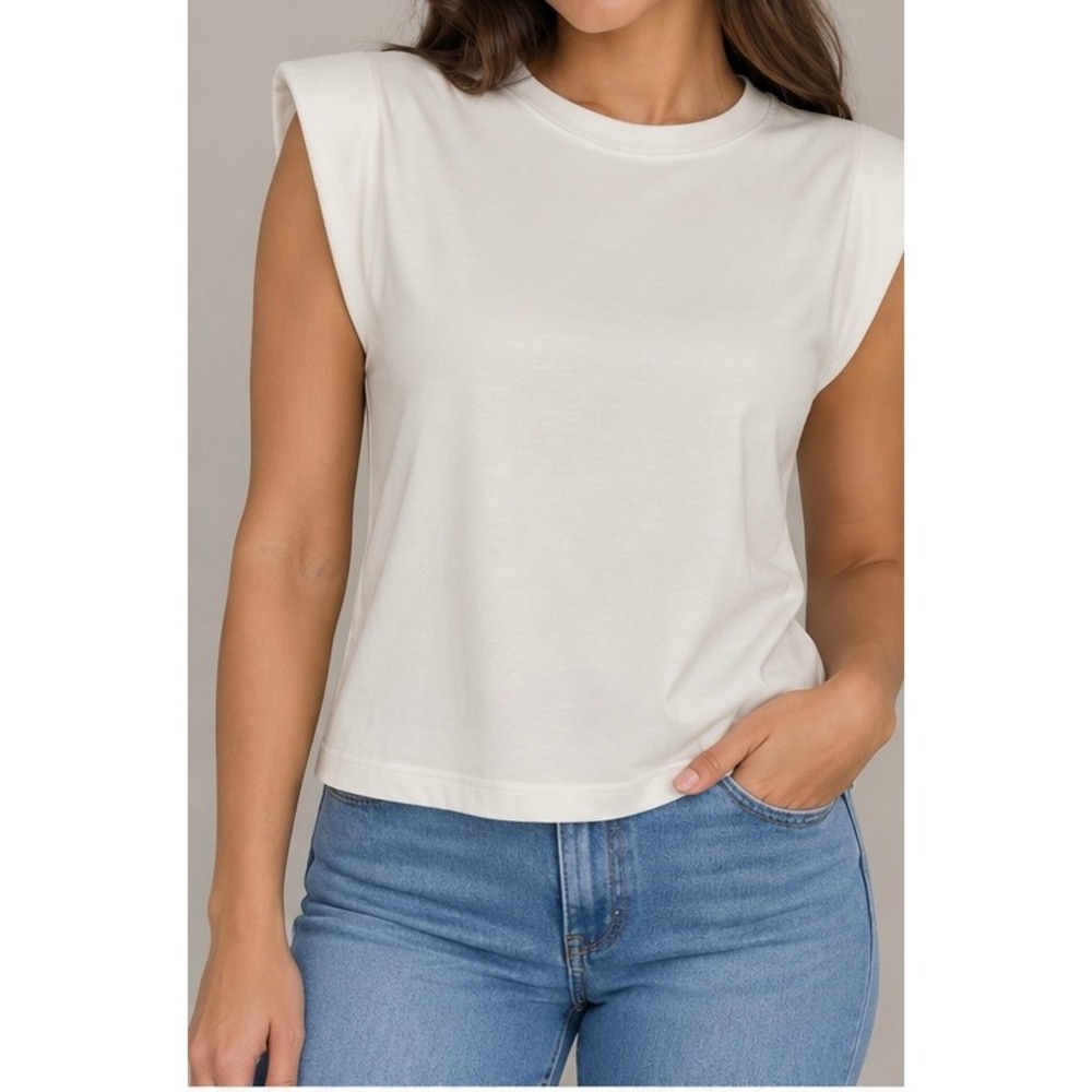 Womens Padded Shoulder Muscle Tee Off White Crew Neck Sleeveless Top Size-S